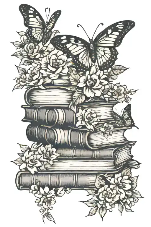 Stack Of Books With Line Work Butterflies And Flowers