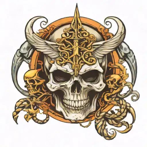 Skull Has Mask Caduceus Intertwined Staff Of Hermes