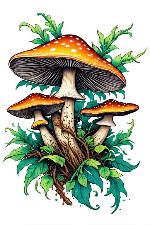 Cluster Of Psychedelic Mushrooms With Ayahuasca Vines