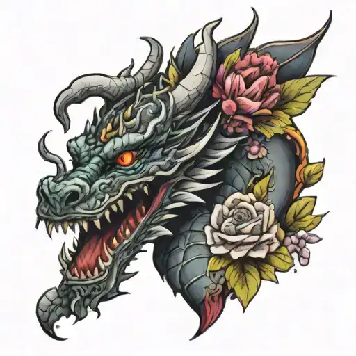 Dragon With Crown Surrounded By Bold Flowers
