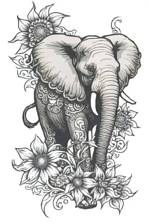 Elephant With Lily And Sunflower Surrounded