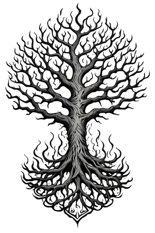 Yggdrasil Tree With Big Beautiful Branches On Fire With Interwoven Roots