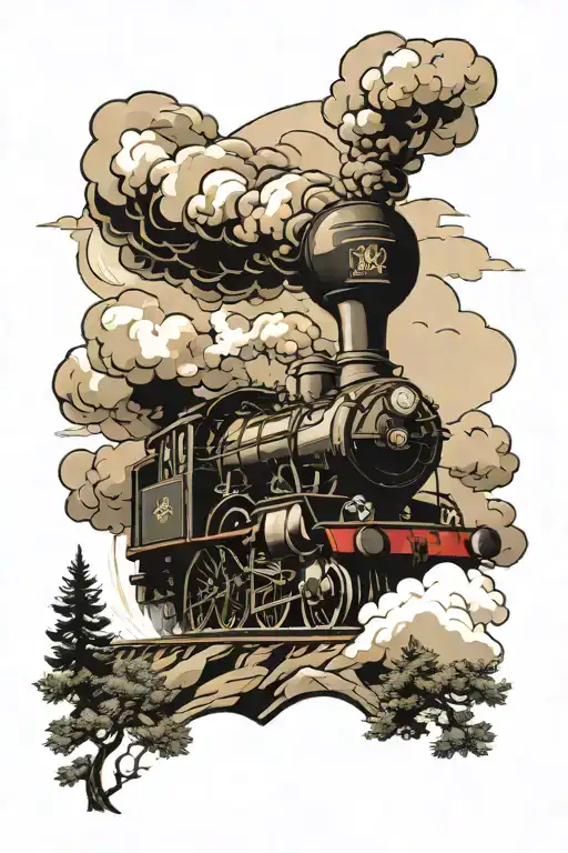 Flying Scotsman Steam Train Surrounded By Pine Trees With Mountain In The Distance In All Black