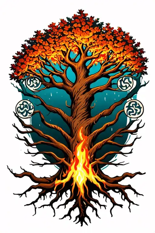 Yggdrasil Tree With Big Beautiful Branches On Fire With Interwoven Roots