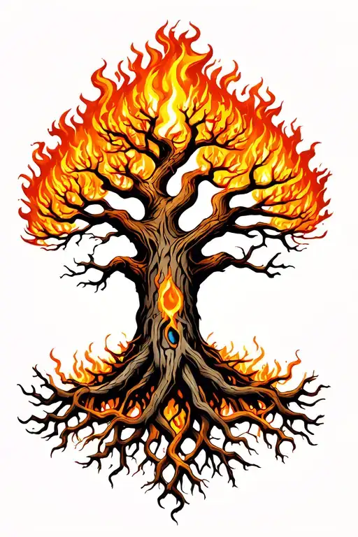 Yggdrasil Tree With Big Beautiful Branches On Fire With Interwoven Roots