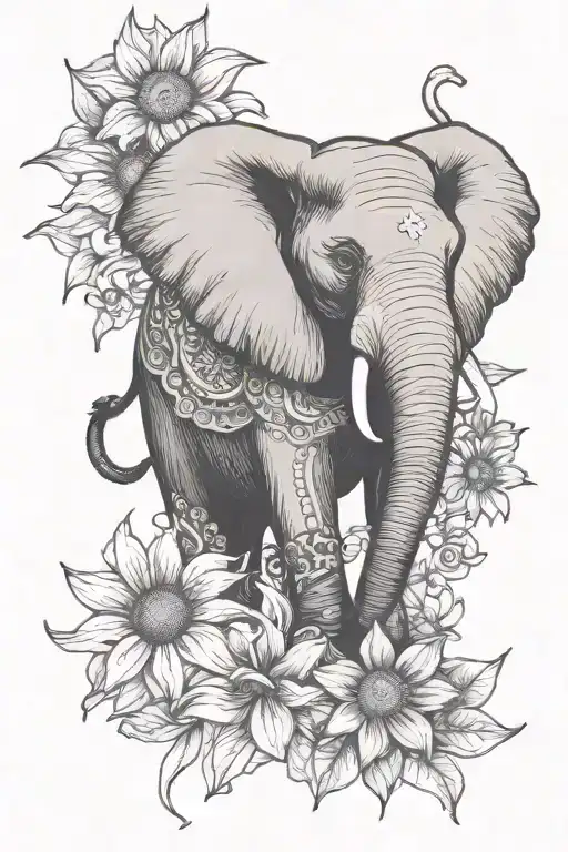 Elephant With Lily And Sunflower Surrounded