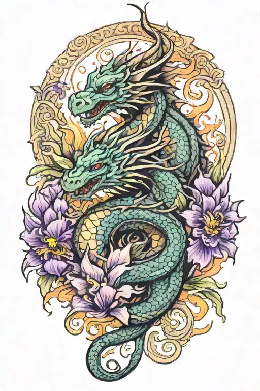 Father And Son Dragons With Fire And Iris And Violets