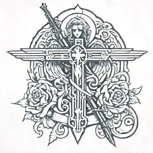 Cross With Angel Holding Guns