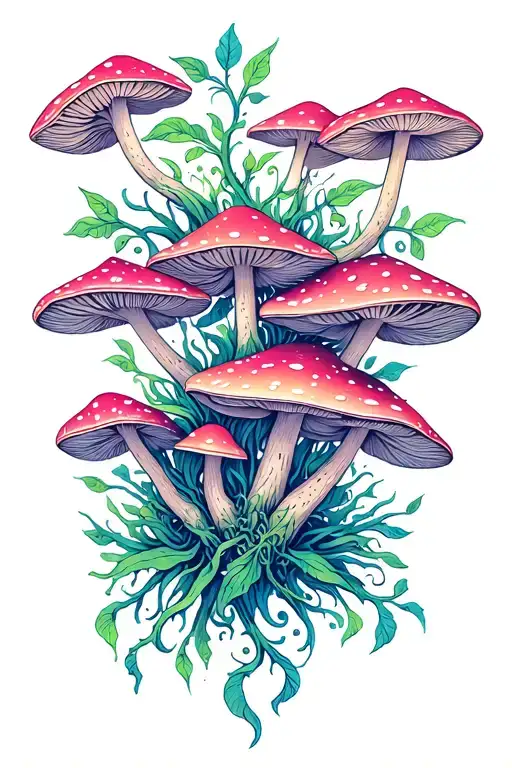 Cluster Of Psychedelic Mushrooms With Ayahuasca Vines