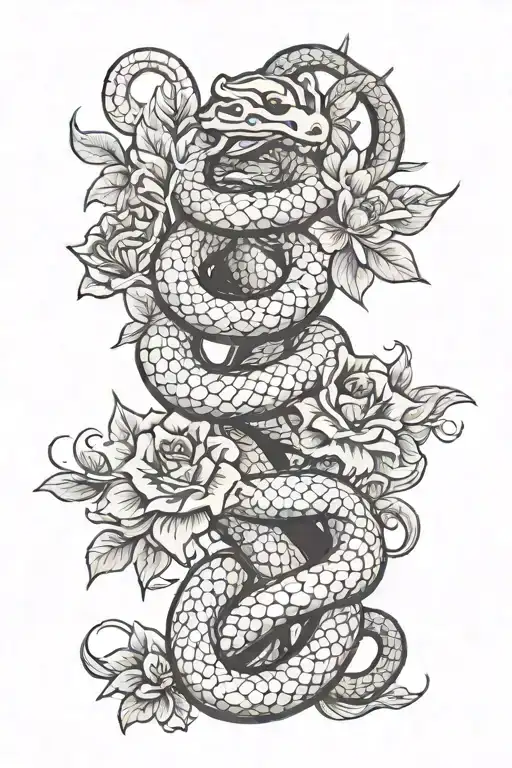 Back Tattoo With A Spine And A Snake Rapping Around It With Flowers Blooming Out The Spine