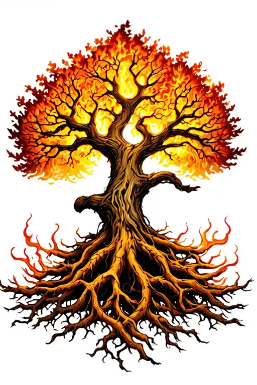 Yggdrasil Tree With Big Beautiful Branches On Fire With Interwoven Roots