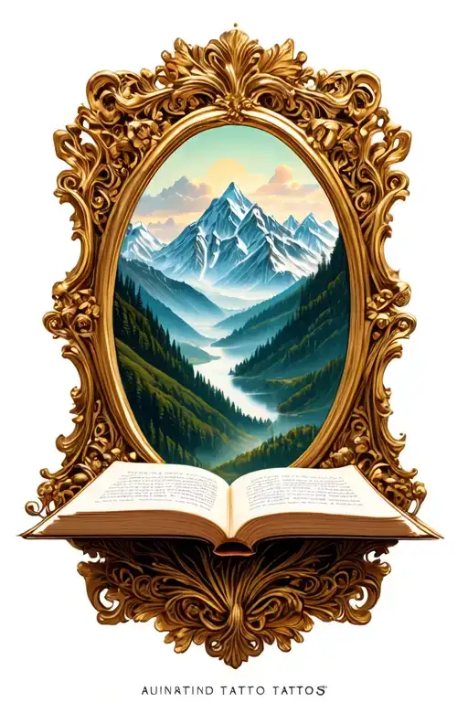 Open Book Below Mountain Hollow With Simple Baroque Gold Frame