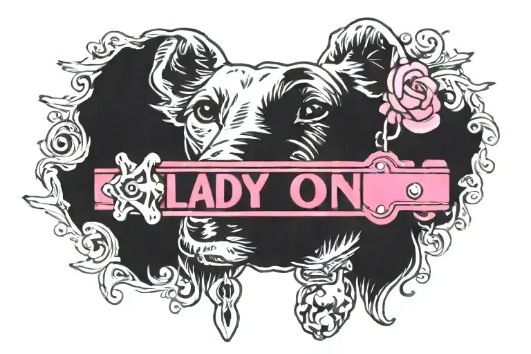 Pink Dog Collar Wrapped Around A Bisep With A Bone Dog Tag That Says Lady On It