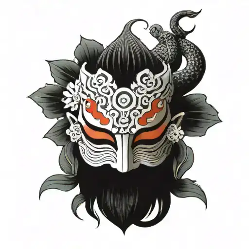 Red Japanese Hanya Mask With Lotus Flower And Serpent Around