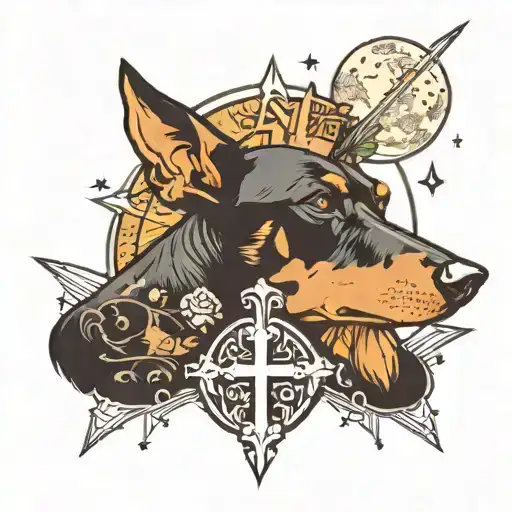 A Space With A Moon And A Cross On The Middle With A Doberman Dog