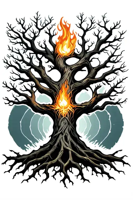 Yggdrasil Tree With Big Beautiful Branches On Fire With Interwoven Roots