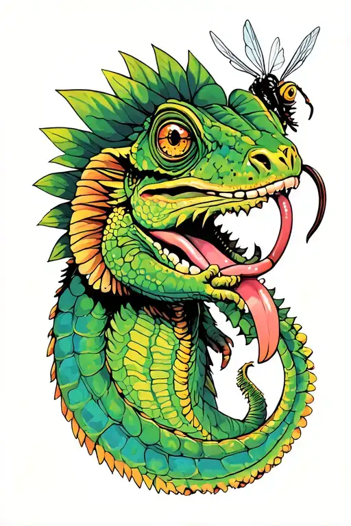 A Cameleon With A Long Tongue Catching A Fly