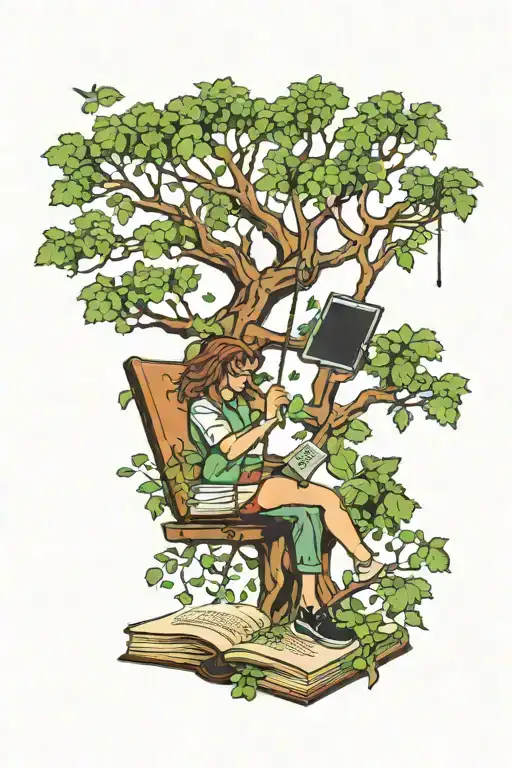 A Tree With Weed Nugs And A Girl Swinging Off Reqding A Book With Crazy Ideas Coming Out Of It