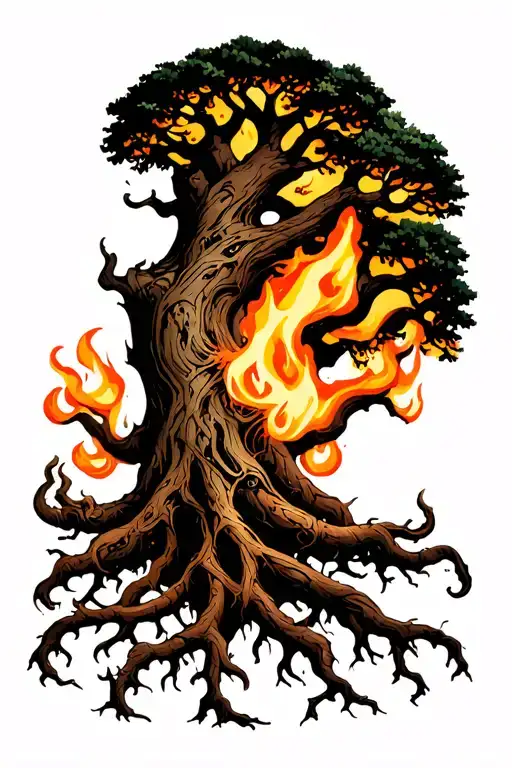 Yggdrasil Tree With Big Beautiful Branches On Fire With Interwoven Roots