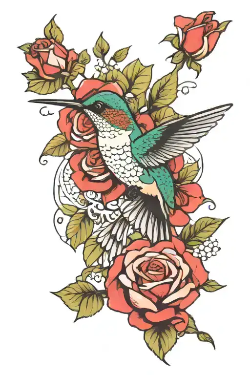 Hummingbird And Rose Blooming