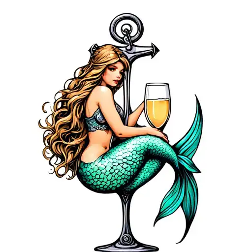 Curvy Mermaid Sitting In Anchor Like Von Teasert In A Champagne Glass
