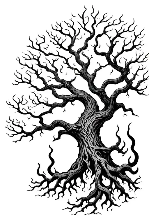 Yggdrasil Tree With Big Beautiful Branches On Fire With Interwoven Roots