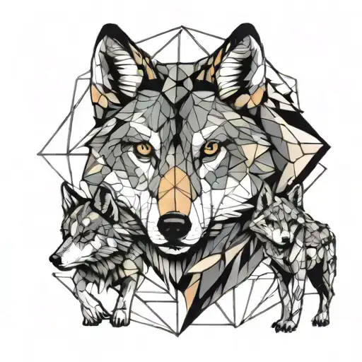 Geometric Wolf With Two Cubs