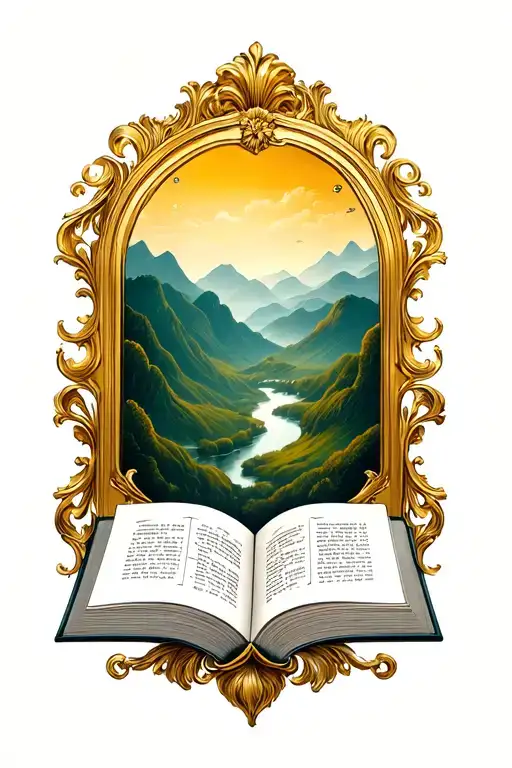 Open Book Below Hills With Simple Baroque Gold Frame