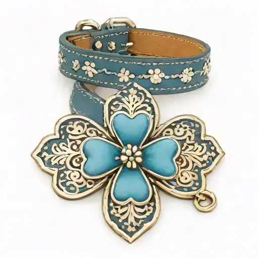 Leather Blue Dog Collar With Paw Prints And A Knitwear Four Leaf Clover Charm
