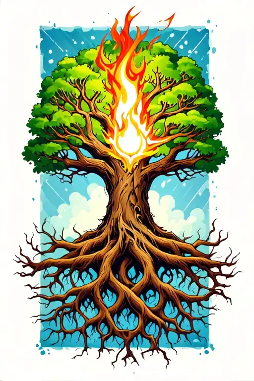 Yggdrasil Tree With Big Beautiful Branches On Fire With Interwoven Roots