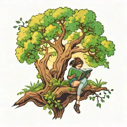 A Tree With Weed Nugs With A Girl Swinging Reading A Book With Crazy Ideas Coming Out