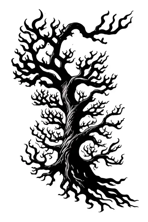 Yggdrasil Tree With Big Beautiful Branches On Fire With Interwoven Roots