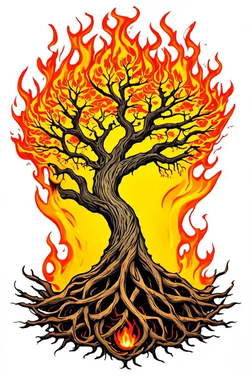 Yggdrasil Tree With Big Beautiful Branches On Fire With Interwoven Roots