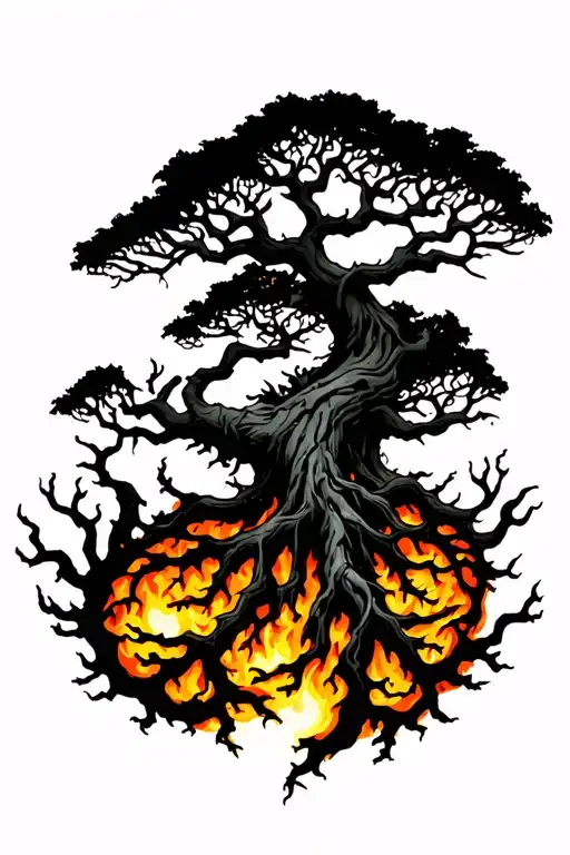 Yggdrasil Tree With Big Beautiful Branches And Interwoven Roots On Fire