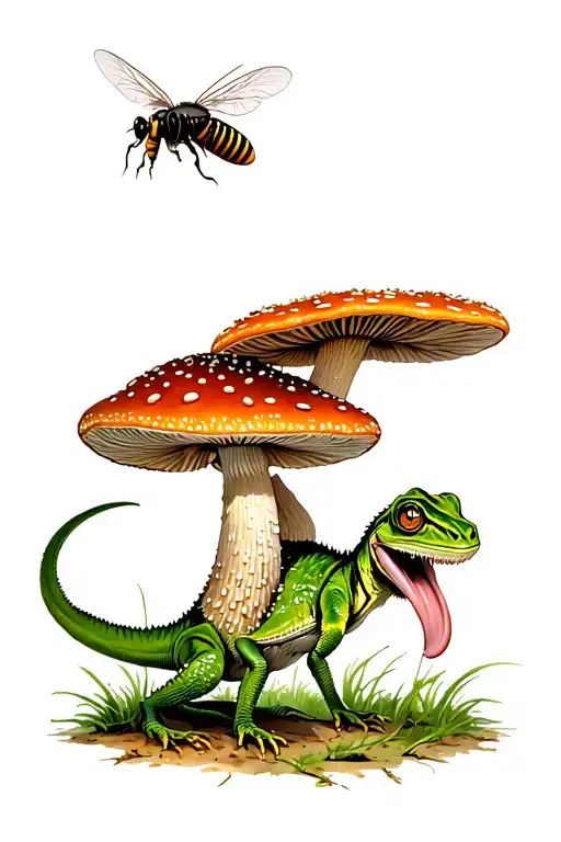 A Cameleon With A Long Tongue Catching A Fly Agaric Mushrooms