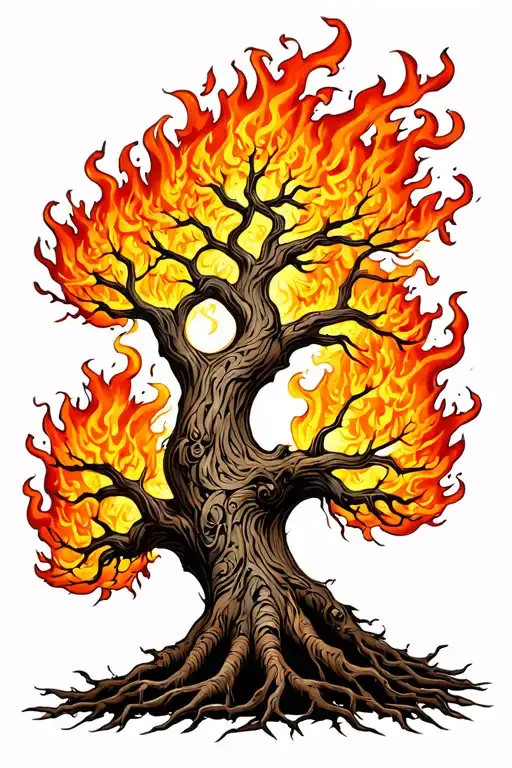 Yggdrasil Tree With Big Beautiful Branches On Fire With Interwoven Roots
