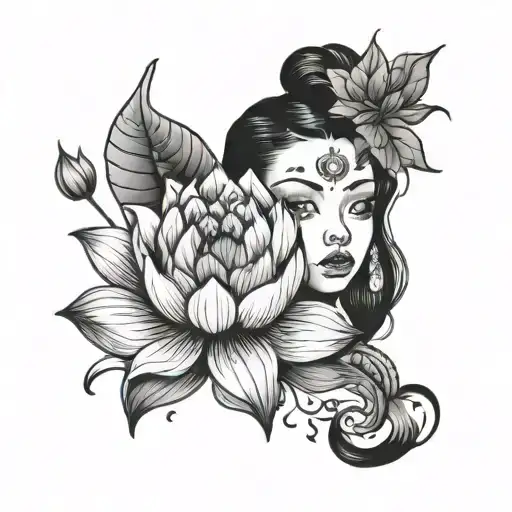 Little Girl Face With Lotus And Amaranth