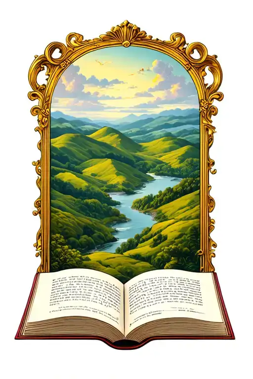 Open Book Below Rolling Hills With Simple Baroque Gold Frame