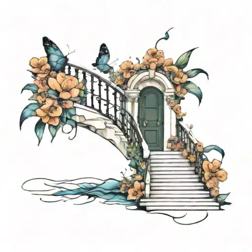 Long Stairs Leading To A Open Door With The Galaxy Inside Surrounded With Flowers And Butterflys
