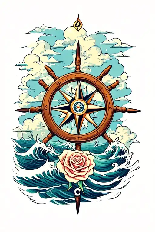 Compass Ship Wheel Rose Intertwined Waves Clouds Floating