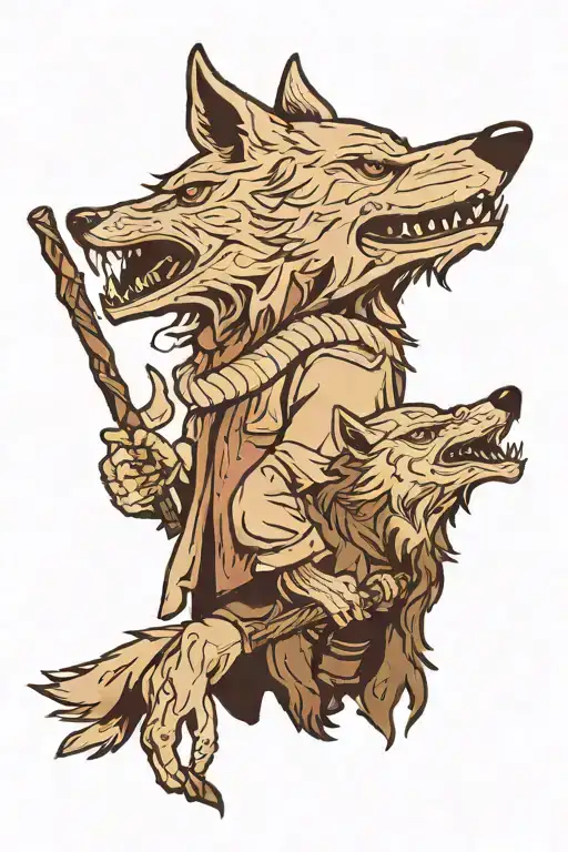 Wolf Head Night With Old Man With Walking Stick Figure Holding Hand With Son