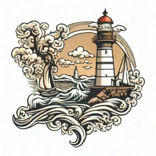 Lighthouse Guiding Sailboat Wind Sea