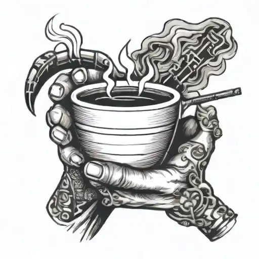 Hand Holding Coffee Cup And Smoking Cigarette