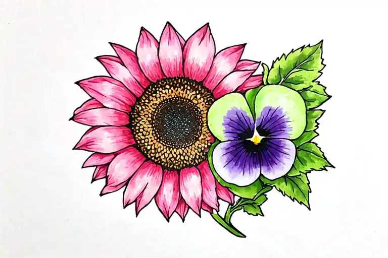 Pink Sunflower With A Green Pansy On The Right And A Purple Violet On The Left Side Of The Sunflower