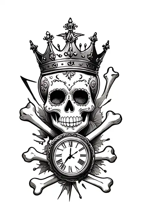 Sugar Skull With Queen Crown And Broken Cross Bones Beneath With Hour Glass And Clock