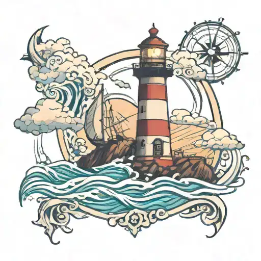 Lighthouse Compass Clouds Waves
