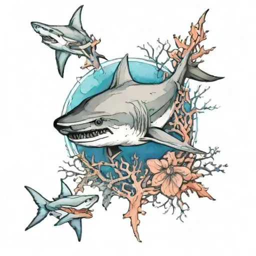 Shark Silhouettes With Coral Watercolor