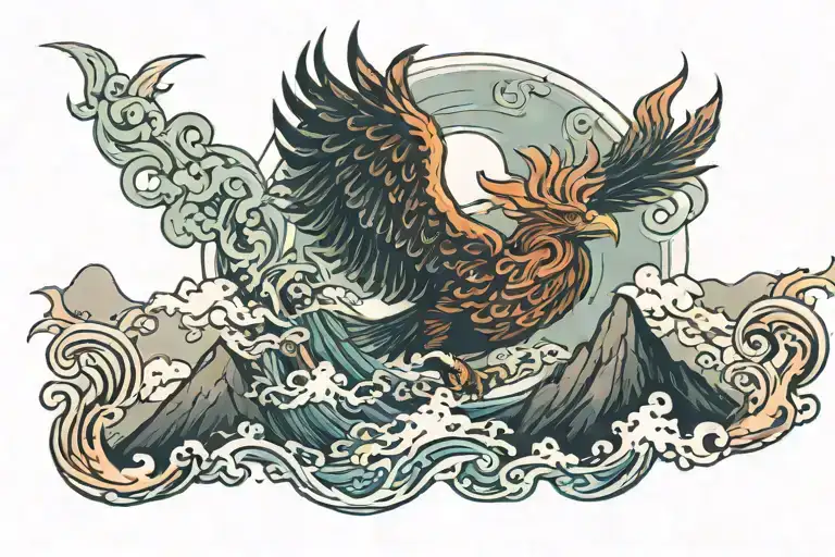 Phoenix Rising Over A Mountain Range With Waves Below