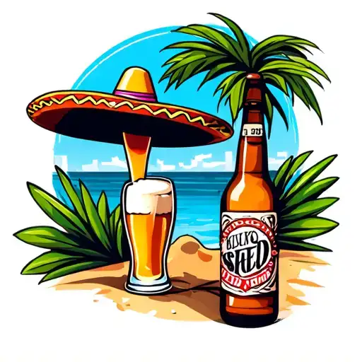 Bottle Of Beer With Sombrero Leaning Against A Palm Tree