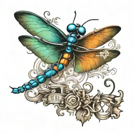 Dragon Fly With Roman Numerals Date Tattoo Y2k Style